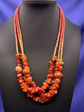 Coldwater Creek Red Agate, Natural Gemstones Triple Strand Necklace